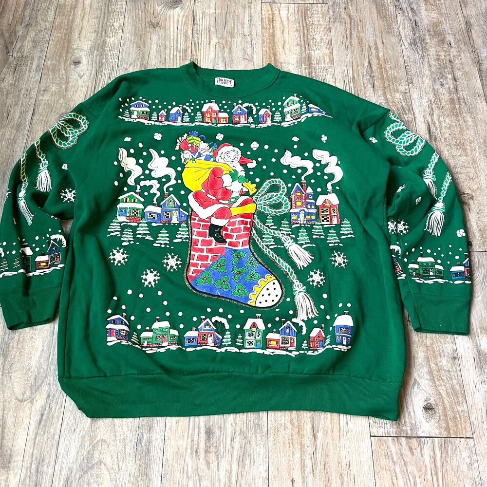 Vintage Ugly Christmas Sweater XL with Santa HOLIDAY TIME Green Red Granny